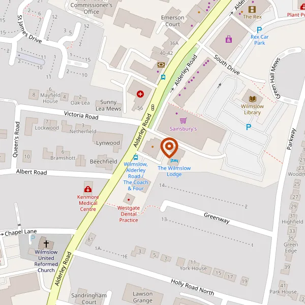 Map showing approximate location: The Wilmslow Lodge, 69-71, Alderley Road, Wilmslow, Cheshire, SK9 1PA