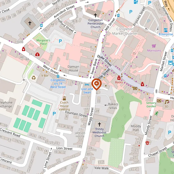 Map showing approximate location: Lion And Swan Hotel, West Street, Congleton, Congleton, Cheshire, CW12 1JR