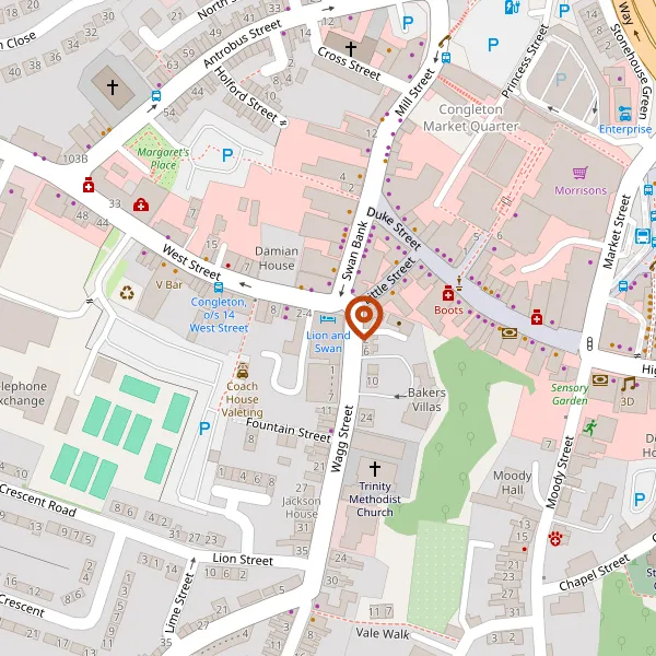 Map showing approximate location: Lion And Swan Hotel, West Street, Congleton, Cheshire, CW12 1JR