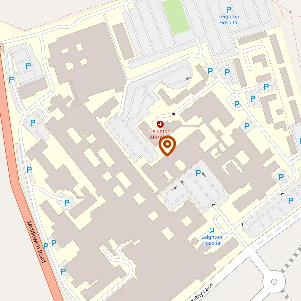 Map showing approximate location: Leighton Hospital, Middlewich Road, Leighton, Cheshire, CW1 4QJ