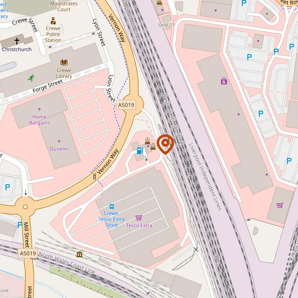 Map showing approximate location: Tesco Extra, Vernon Way, Crewe, Cheshire, CW1 2DD