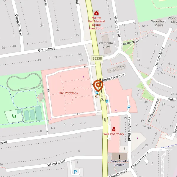 Map showing approximate location: Forecourt land fronting 109-111, WILMSLOW ROAD, HANDFORTH, SK9 3ER