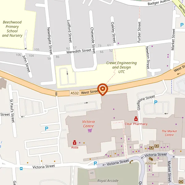 Map showing approximate location: The Royal Arcade, Delamere Street, Crewe