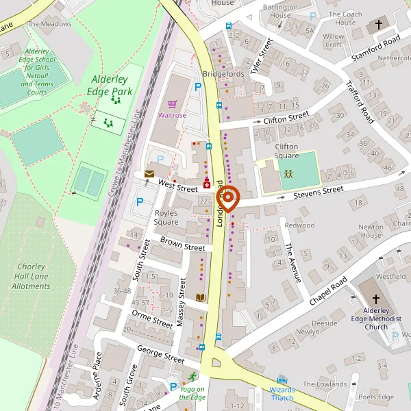 Map showing approximate location: 22, LONDON ROAD, ALDERLEY EDGE, WILMSLOW, CHESHIRE, SK9 7JS