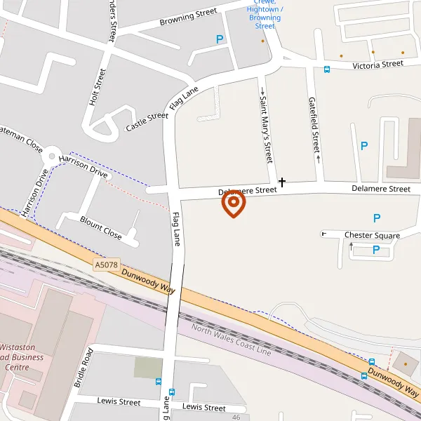 Map showing approximate location: St Mary's Caritas Cente, 65 , Delamere Street, Crewe, CW1 2JX