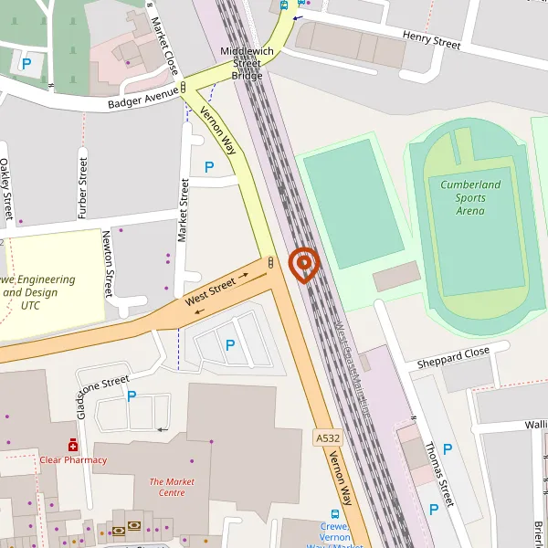 Map showing approximate location: Corner of West Street & VERNON WAY, CREWE