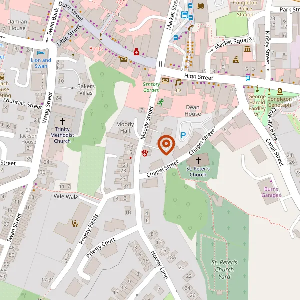 Map showing approximate location: St James House, 14, Moody Street, Congleton, Cheshire, CW12 4AP