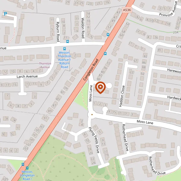 Map showing approximate location: 86, MOSS LANE, MACCLESFIELD, CHESHIRE, SK11 7XH