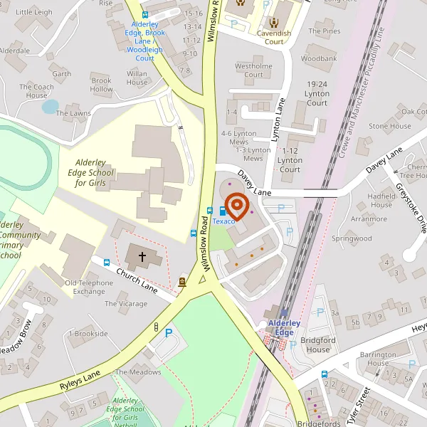 Map showing approximate location: Queens Court, Tower Garage, Wilmslow Road, Alderley Edge, Cheshire East, SK9 7QD