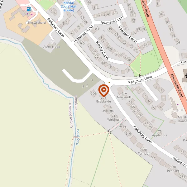 Map showing approximate location: 206, PADGBURY LANE, CONGLETON, CHESHIRE, CW12 4HU