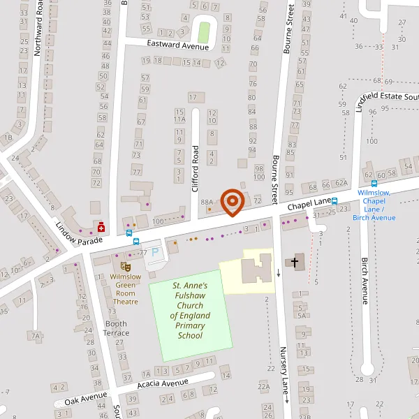 Map showing approximate location: 88, CHAPEL LANE, WILMSLOW, CHESHIRE, SK9 5JH