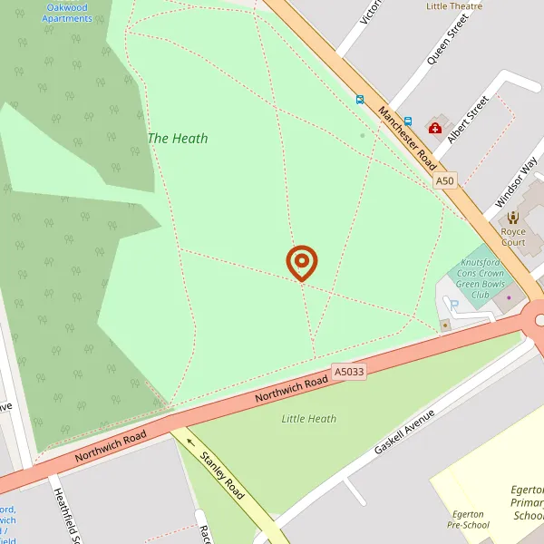 Map showing approximate location: The Heath is public open space, off Nort, The Heath, Northwich Road, Knutsford, WA16 0LX