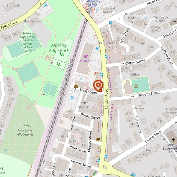 Map showing approximate location: 8, WEST STREET, ALDERLEY EDGE, WILMSLOW, CHESHIRE, SK9 7EG