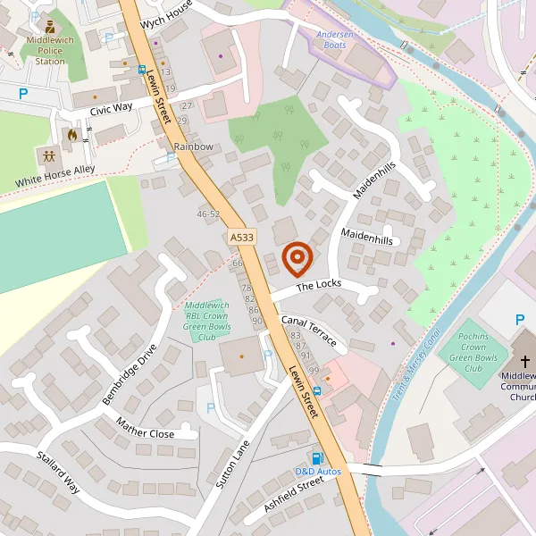 Map showing approximate location: Land at 69, LEWIN STREET, MIDDLEWICH, CW10 9BG