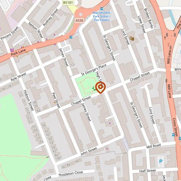 Map showing approximate location: St Georges Play Area, High Street, Macclesfield, Cheshire