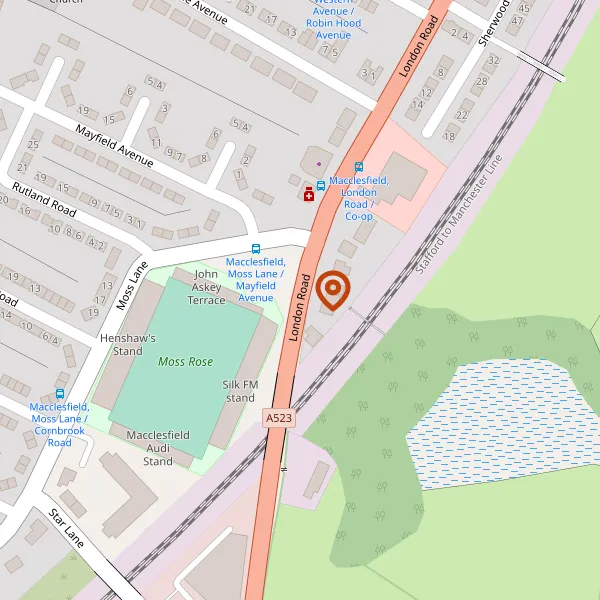 Map showing approximate location: Ee Telecommunication Mast, LONDON ROAD, MACCLESFIELD