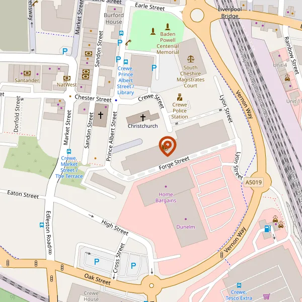 Map showing approximate location: Land between Mill Street and the rear of the Lifestyle Centre (Moss Square/Forge Lane) in Crewe town centre