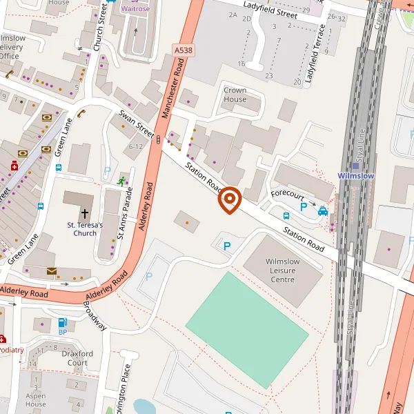 Map showing approximate location: Miller & Carter Steakhouse (formerly The Old Rectory), STATION ROAD, WILMSLOW, CHESHIRE, SK9 1BU