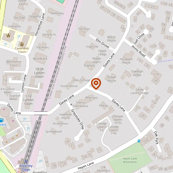 Map showing approximate location: Hillcote House, Davey Lane, Alderley Edge, Cheshire, SK9 7NZ