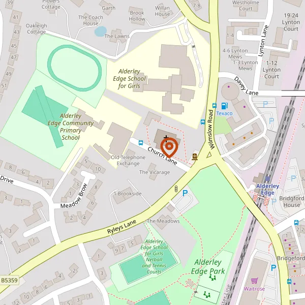 Map showing approximate location: St Philips And St James Church, Church Lane, Alderley Edge, SK9 7UZ