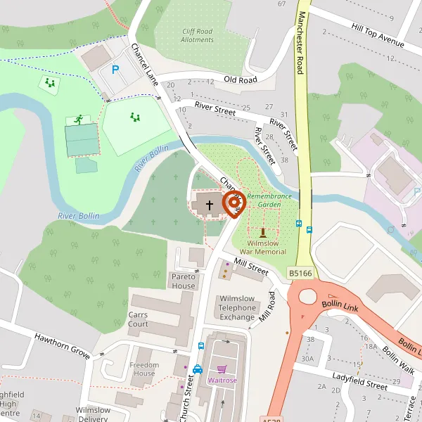 Map showing approximate location: St Bartholomews Church, Chancel Lane, Wilmslow.