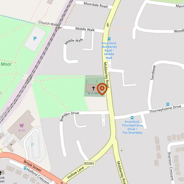 Map showing approximate location: St Cross Church, Mobberley Road, Knutsford, Cheshire, WA16 8EL