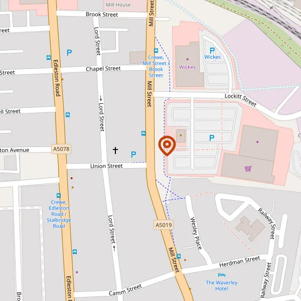 Map showing approximate location: Pedley Street, Railway Street, Wesley Place, And Mill Street. Crewe