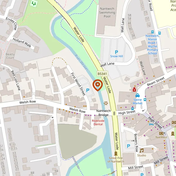 Map showing approximate location: First Wood Street Car Park, First Wood Street, Nantwich