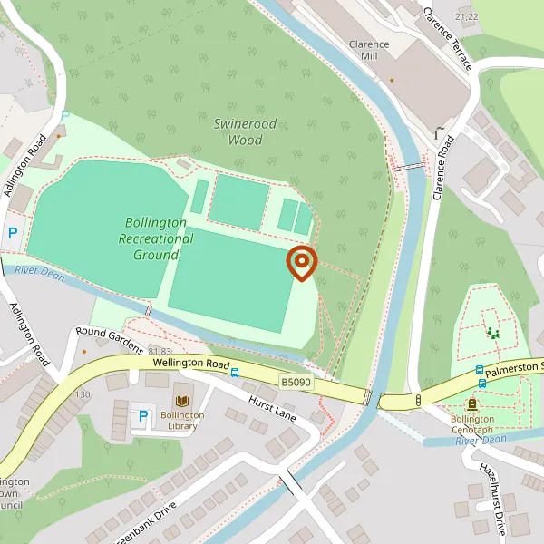 Map showing approximate location: Tree Along North Boundary Of Site To The South Of Swinerood Wood, Bollington Recreation Ground, Adlington Road, Bollington, Cheshire