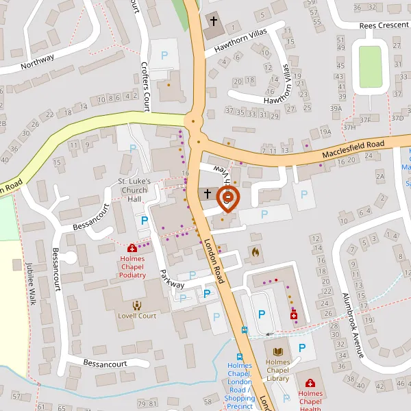 Map showing approximate location: St Luke's Churchyard Holmes Chapel, London Road, Holmes Chapel, CW4 7AJ