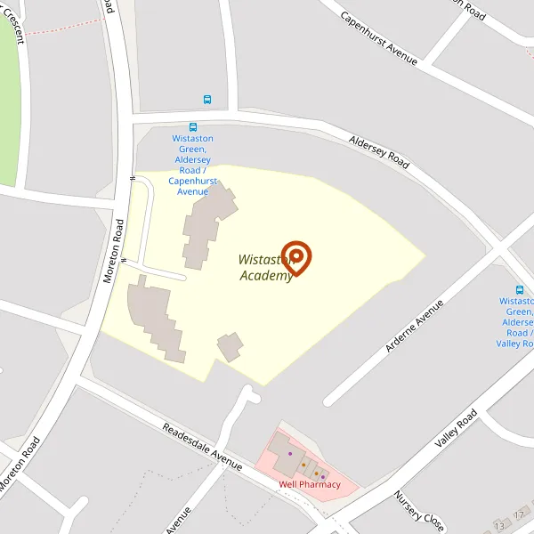 Map showing approximate location: Wistaston Academy, Moreton Road, Crewe, Cheshire, CW2 8QS