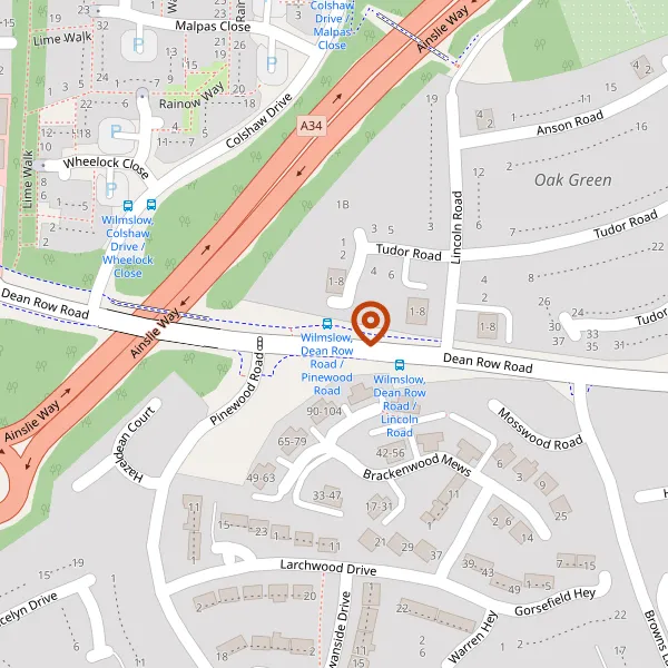 Map showing approximate location: Narrow Strip Of CEC Owned Land Grasses W, CEC Land, Warren Hey To Fieldhead Road To Pinewood Road, Wilmslow, SK9 2NQ