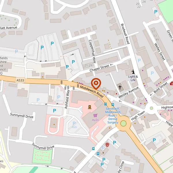 Map showing approximate location: Ashfields Primary Care Centre, Middlewich Road, Sandbach, Cheshire, CW11 1EQ