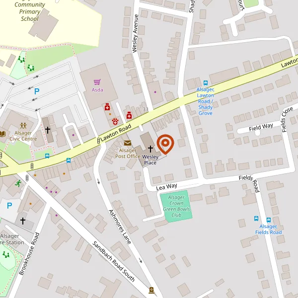 Map showing approximate location: Wesley Place Methodist Church, Lawton Road, Alsager, Cheshire, ST7 2AF