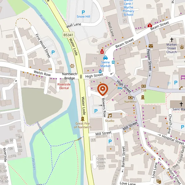 Map showing approximate location: 16 & 18 High Street, And 14-18 Bowers Row, Nantwich, CW5 5AS