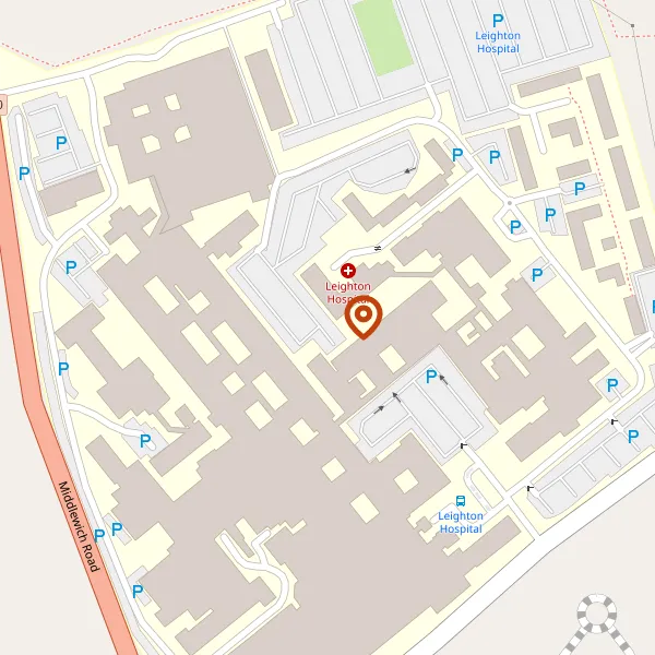 Map showing approximate location: Leighton Hospital, Middlewich Road, Leighton, CW1 4QJ