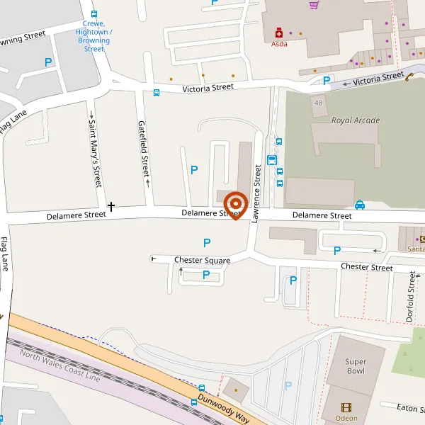 Map showing approximate location: Royal Arcade, Land Bounded By Victoria Street, Delamere Street, Crewe