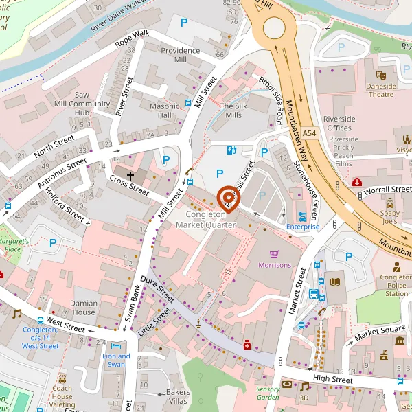 Map showing approximate location: Congleton Market Quarter, Land Bound By Princess St And Mill St, Congleton, CW12 1AB