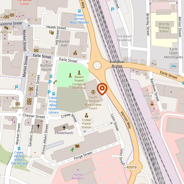 Map showing approximate location: South Cheshire Magistrates Court (Law Court), And Land To West Up To And Including The Library Building, Prince Albert Street, Crewe