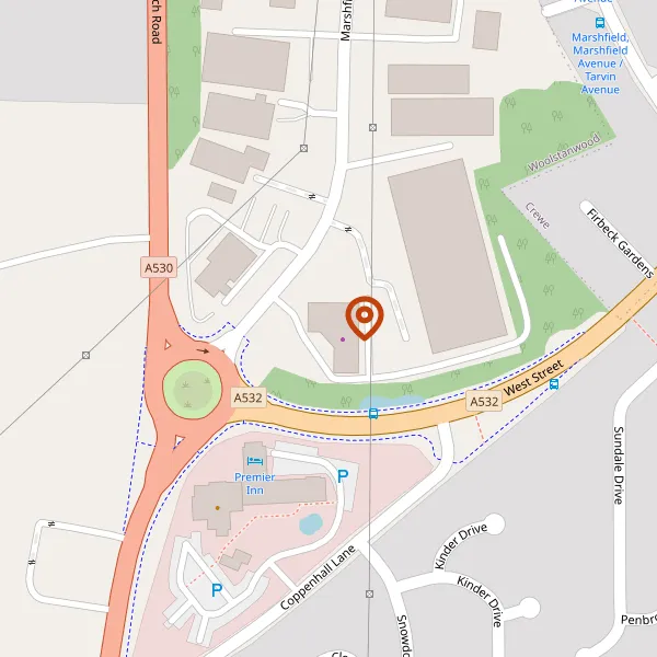 Map showing approximate location: Grenson Kia, Marshfield Bank, Woolstanwood, Cheshire East, CW2 8UY