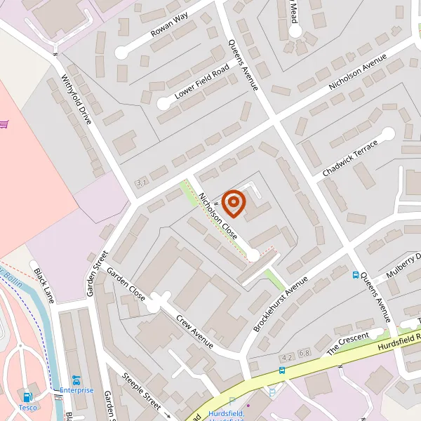 Map showing approximate location: Land to the north of Nicholson Close, The Hurdsfield Centre, Nicholson Close, Macclesfield, SK10 2BQ