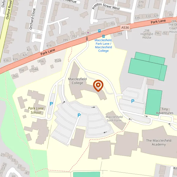 Map showing approximate location: Macclesfield College, Park Lane, Macclesfield, Cheshire, SK11 8LF