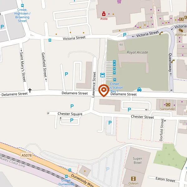 Map showing approximate location: Royal Arcade, Land Bounded By Victoria Street, Queensway, Delamere Street And Lawrence Street, Crewe