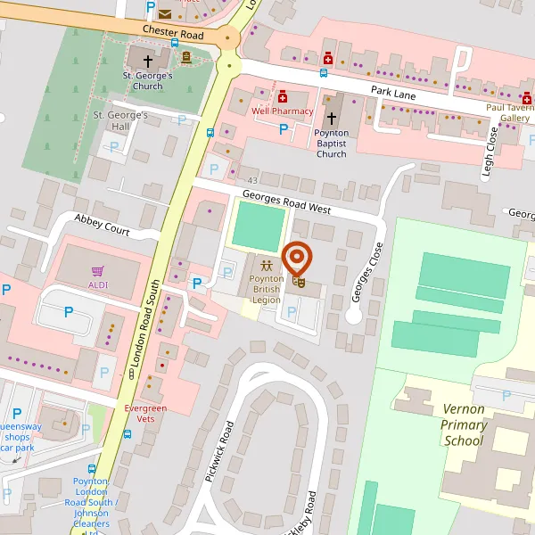 Map showing approximate location: Poynton Royal British Legion Club, Georges Road West, Poynton, Stockport, Cheshire, SK12 1JY