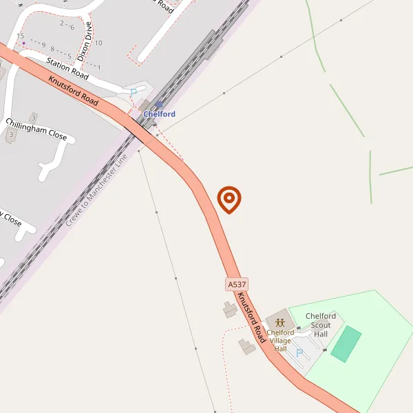 Map showing approximate location: Scouts Hall, Knutsford Road, Chelford, SK11 9AS