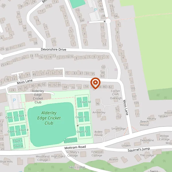 Map showing approximate location: 74, Moss Lane, Alderley Edge, Wilmslow, Cheshire, SK9 7HN