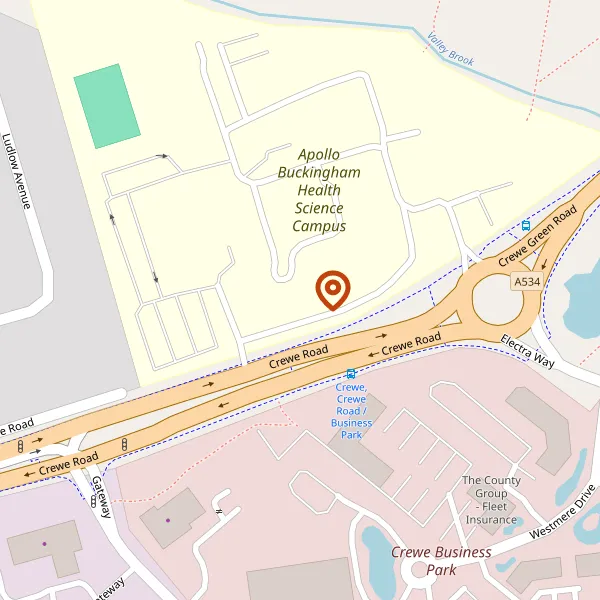 Map showing approximate location: Apollo Buckingham Health Science Campus, Crewe Green Road, Crewe, Cheshire, CW1 5DU