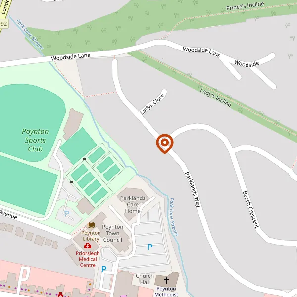 Map showing approximate location: Land to the rear of 22, Parklands Way, Poynton, SK12 1AJ