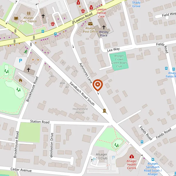 Map showing approximate location: Land Between War Memorial And 23, Sandbach Road South, Alsager, ST7 2LW