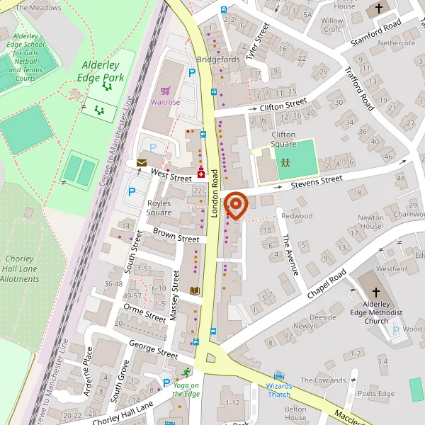 Map showing approximate location: 2-3 Cobblers Yard, London Road, Alderley Edge, SK9 7DZ